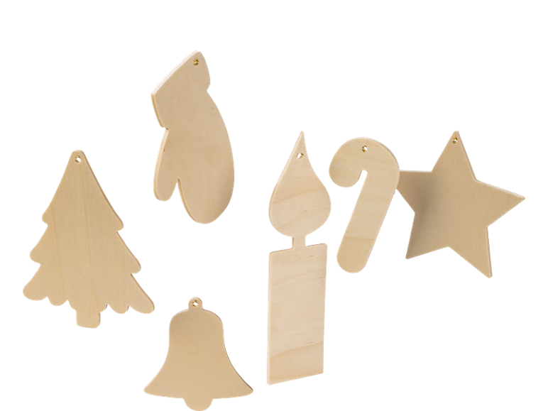 Weihnachtsbaumschmuck aus Holz in Form von Baum, Handschuh, Glocke, Kerze, Zuckerstange und Stern.