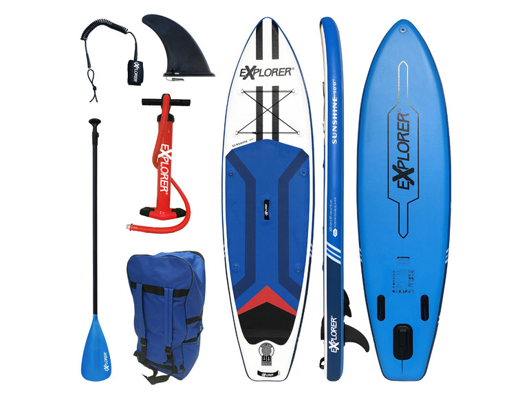 Ein aufblasbares Paddleboard-Set von Explorer mit Zubehör.