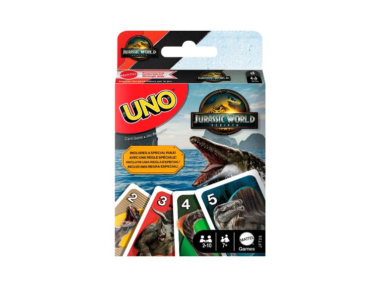 UNO Jurassic World Rebirth Kartenspiel mit Dinosaurier-Thema.