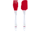 Roter Silikon-Backpinsel und Spatel mit transparenten Griffen.