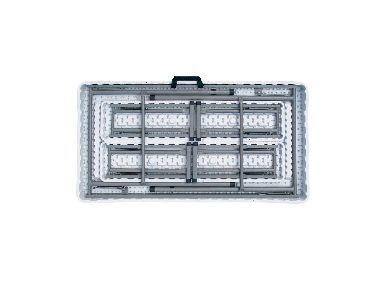 Klappbarer weißer Tisch mit Metallrahmen, zusammengeklappt für einfachen Transport