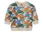 Ein beigefarbener Babypullover mit Dinosaurier-Print.