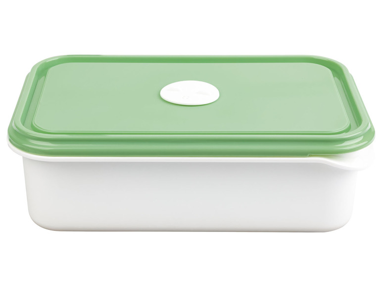 Eine grün-weiße Lunchbox aus Plastik mit Deckel.