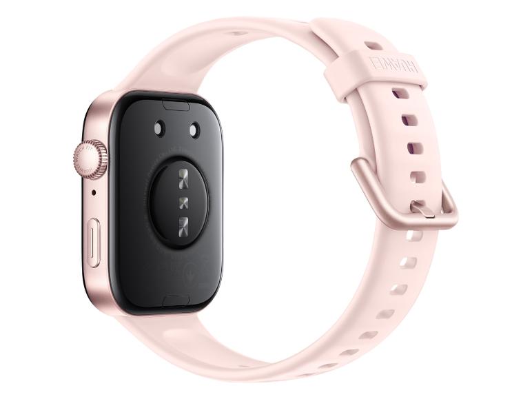 Smartwatch mit rosa Armband und goldener Schnalle, mit der Aufschrift „WATCH FIT“ auf dem Knopf.
