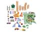 Holzeisenbahn- und Puzzle-Set mit Dinosauriern, Fahrzeugen und Zeichentrickfiguren.
