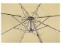 Unteransicht eines beigefarbenen Gartenschirms mit sichtbarem Metallgestell