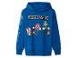 Blauer Super Mario Hoodie mit Aufdrucken auf den Ärmeln.