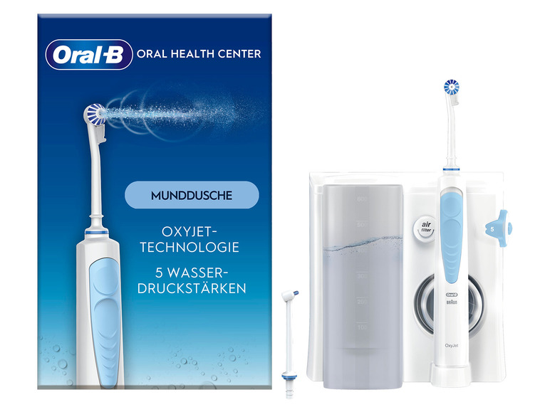 Oral-B OxyJet Munddusche mit Wassertank und 5 Druckstufen.