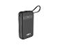 Schwarze Powerbank mit Digitalanzeige und Trageschlaufe.