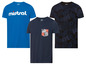 Drei T-Shirts: eines mit Mistral-Logo, eines mit Blumenmuster und eines mit Tasche