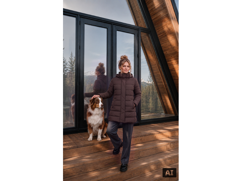 Frau in brauner Jacke und Hose mit Hund vor einem Holzhaus.