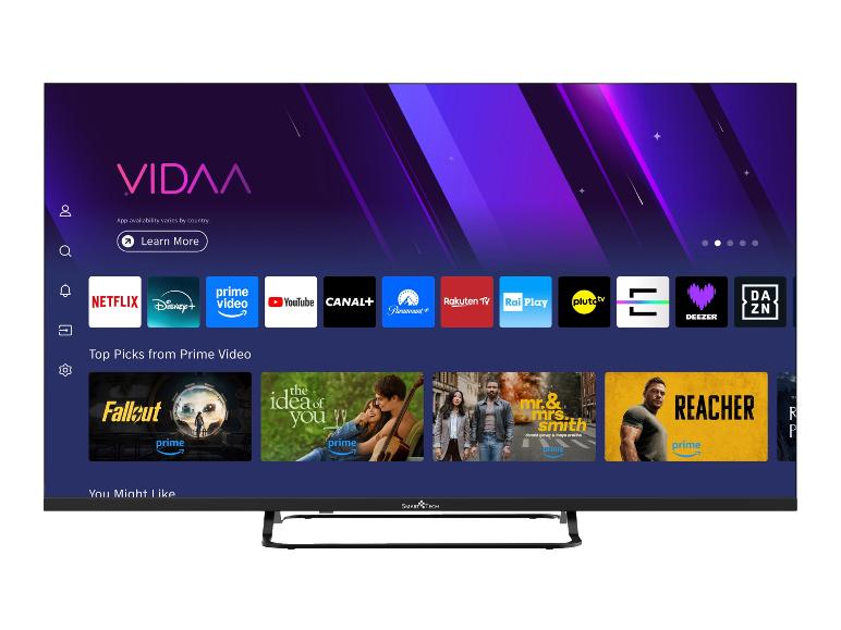 Smart-TV mit Startbildschirm, der Streaming-Apps und Inhaltsempfehlungen anzeigt.