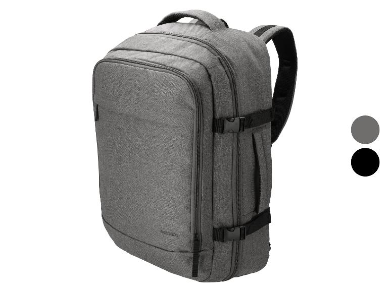 Grauer Reiserucksack mit gepolsterten Schultergurten und Kompressionsschnallen.