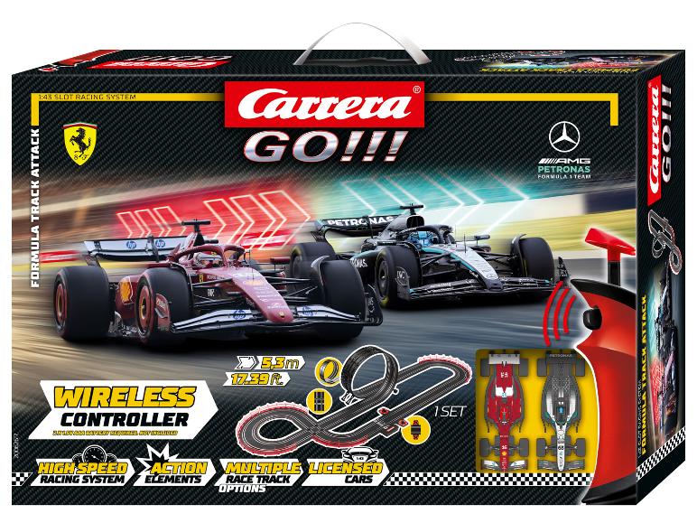Carrera GO!!! Formula Track Attack Rennbahn mit kabellosen Handreglern.