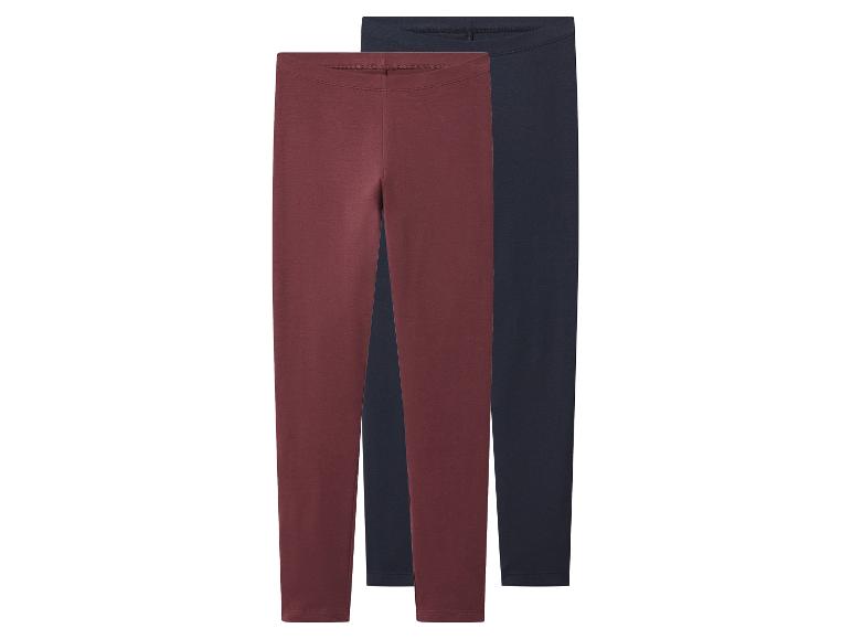 Zwei Paar Damen-Leggings, eine in Dunkelrot und eine in Dunkelblau.