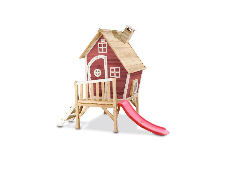 Rotes Holzspielhaus mit Rutsche und Leiter für Kinder