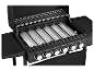 Schwarzer Gasgrill mit offenem Deckel, sechs Brennern und Seitenablagen.