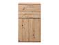 Hoher Holzschrank mit zwei Schubladen und zwei unteren Türen.