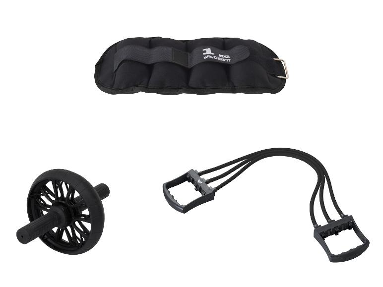 CRIVIT Fitnessgeräte: Gewichtsmanschette, AB-Roller und Expander.