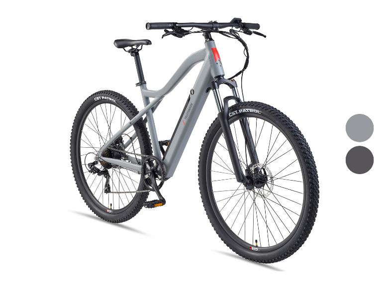 Graues E-Mountainbike mit schwarzen Reifen und Komponenten, schräg dargestellt.