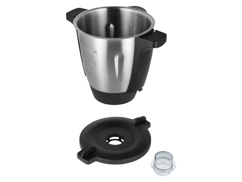 Edelstahlschüssel mit Griffen, Deckel und Messbecher für Küchenmaschine.