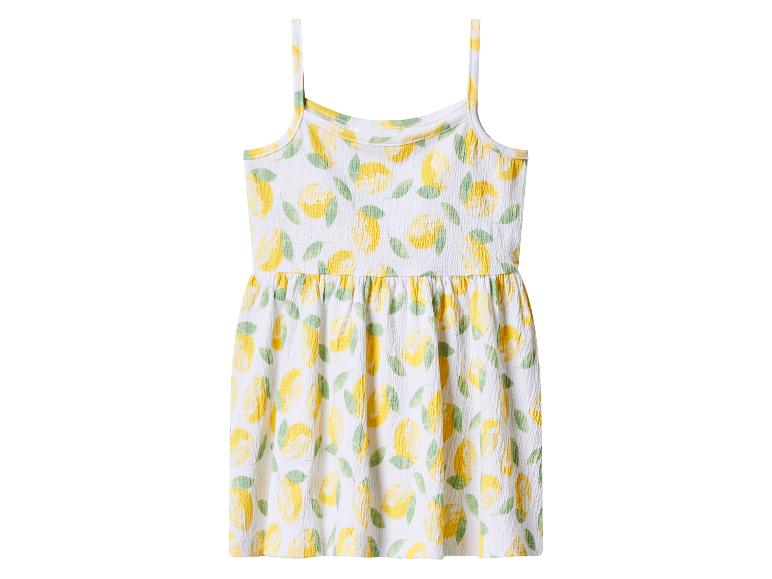 Weißes Kinder-Spaghettiträgerkleid mit Zitronen- und Blättermuster.