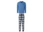 Blauer und karierter Herrenpyjama mit 'Coffee Club Everyday' Motiv.