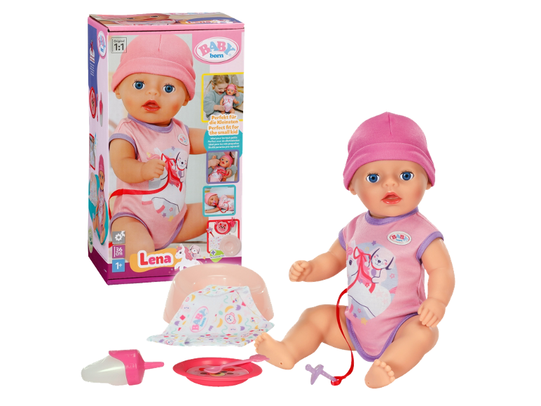 Rosa Puppe mit Zubehör und Verpackung, perfekt für kleine Kinder.