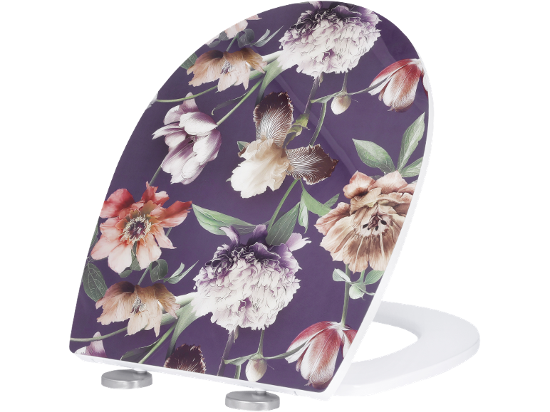 Toilettensitz mit Blumenmuster in Lila, Weiß und Braun