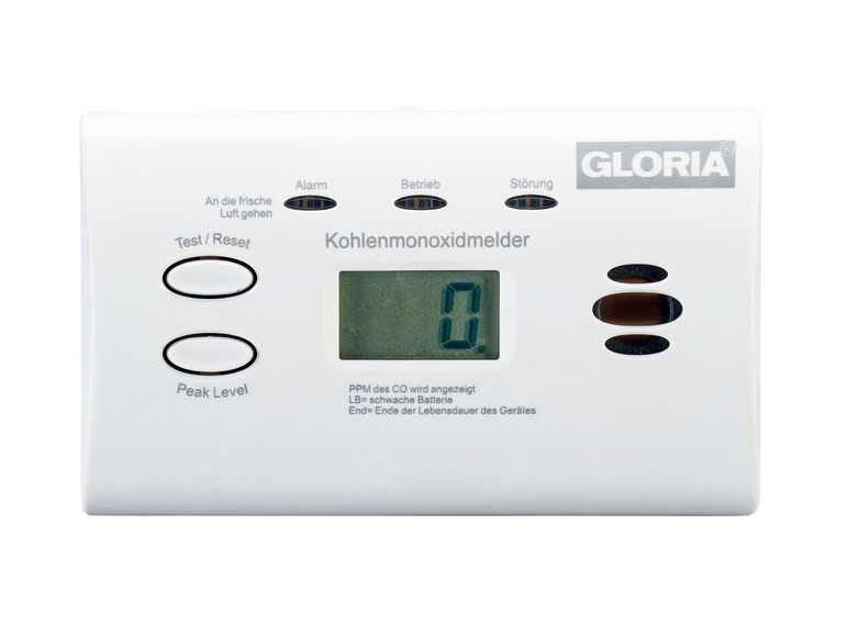 Ein weißer Gloria Kohlenmonoxidmelder mit digitalem Display.