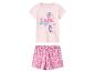 Rosa Mädchenpyjama mit Kurzarm-Oberteil und floralen Shorts.