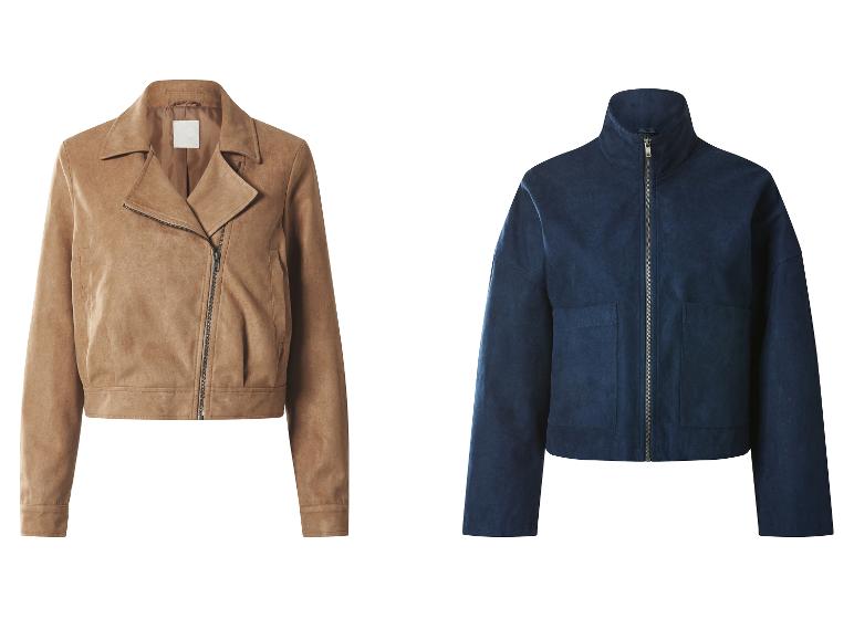 Zwei Wildlederjacken: eine braune Bikerjacke und eine dunkelblaue Jacke mit Reißverschluss.