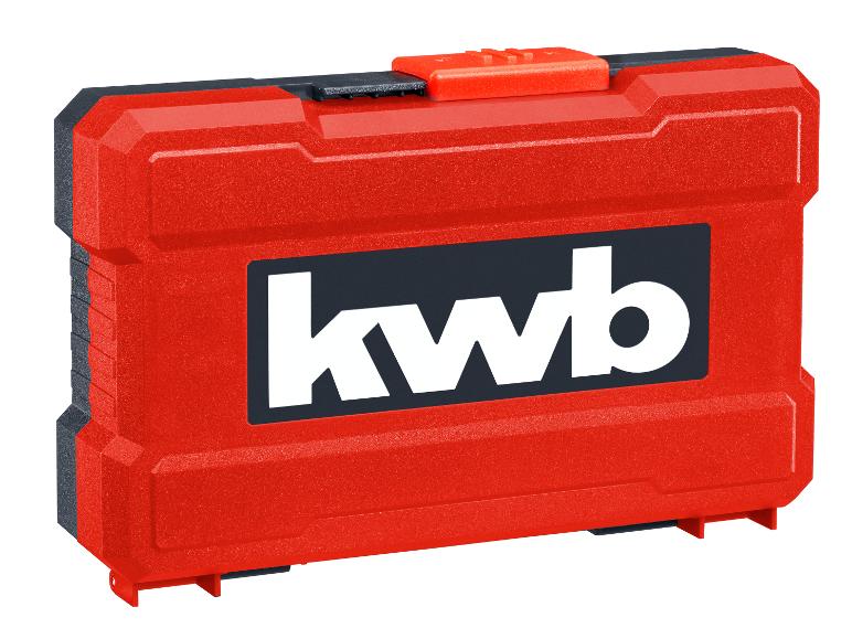 Rote und schwarze Werkzeugkiste mit weißem Logo auf der Vorderseite.
