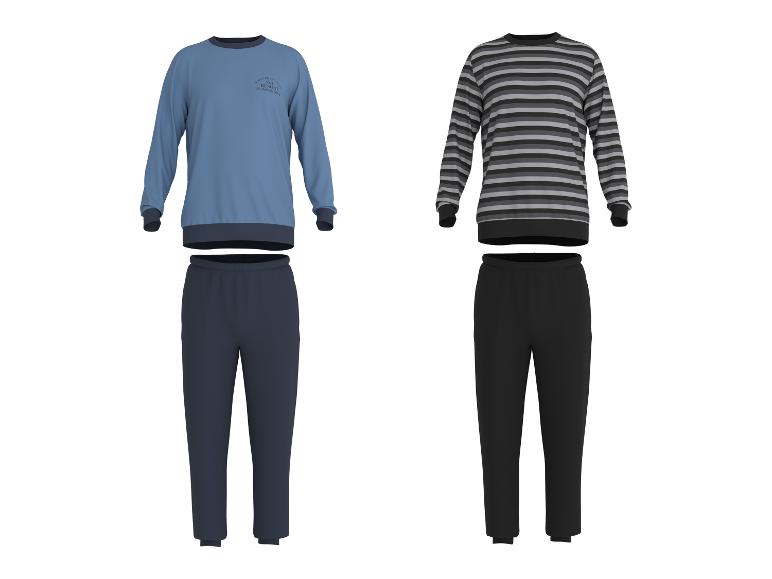 ESMARA MEN Herren Pyjama: blaues Set mit Aufdruck und gestreiftes graues Set.