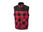 Rot-schwarze karierte Weste mit Reißverschluss, Stehkragen und Taschen.