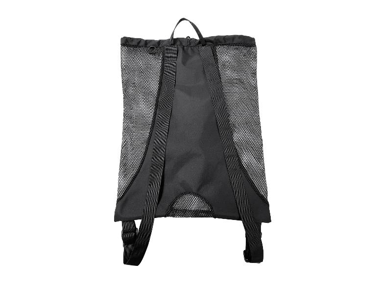 Schwarzer Netzrucksack mit verstellbaren Trägern, ideal für Strand oder Sport.