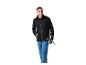 Mann in schwarzer Jacke und blauer Hose mit Wanderstöcken.