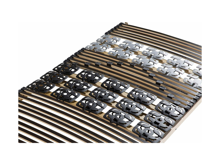 Ein Lattenrost aus Holz mit flexiblen Leisten und einem schwarzen Kunststoff-System.