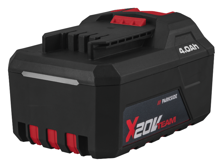 Schwarz-rote Akku für Elektrowerkzeuge mit 4,0Ah Kapazität und X20V Team Branding.
