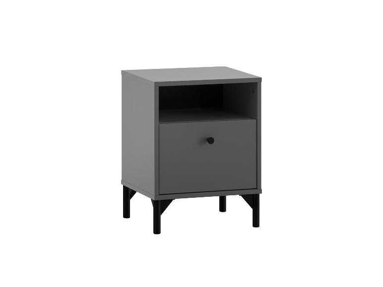 Grauer Nachttisch mit offenem Fach, Schublade mit schwarzem Knauf und schwarzen Beinen