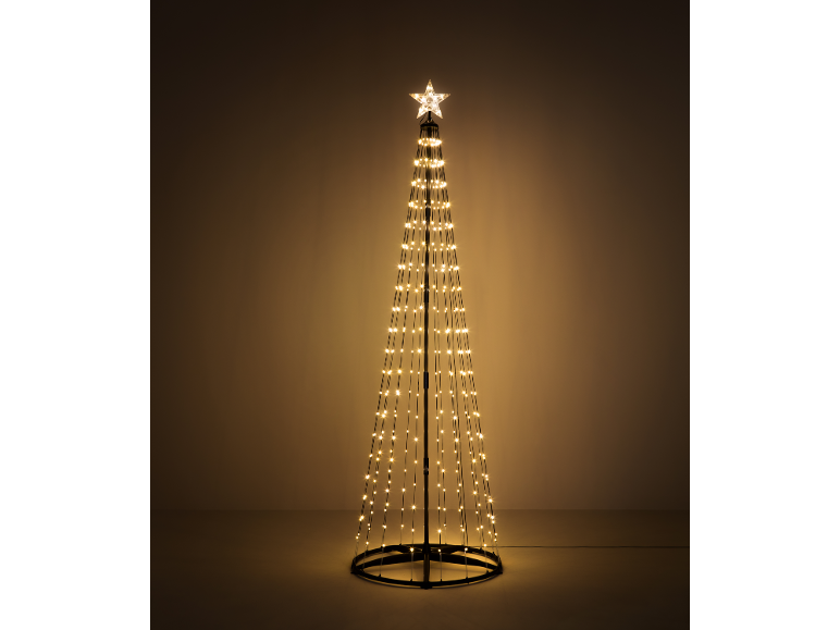 Konischer Weihnachtsbaum mit warmweißen LED-Lichtern und einem Stern als Spitze.