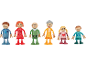 Set mit Holzfiguren einer Familie: Vater, Mutter, Großvater, Großmutter, Mädchen und Junge.
