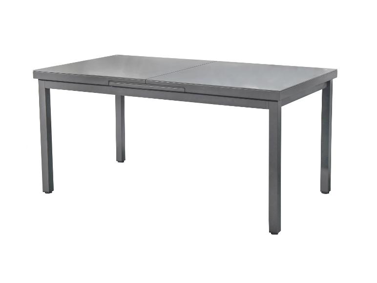 Grauer ausziehbarer Tisch mit zweiflügeligem Tischblatt.