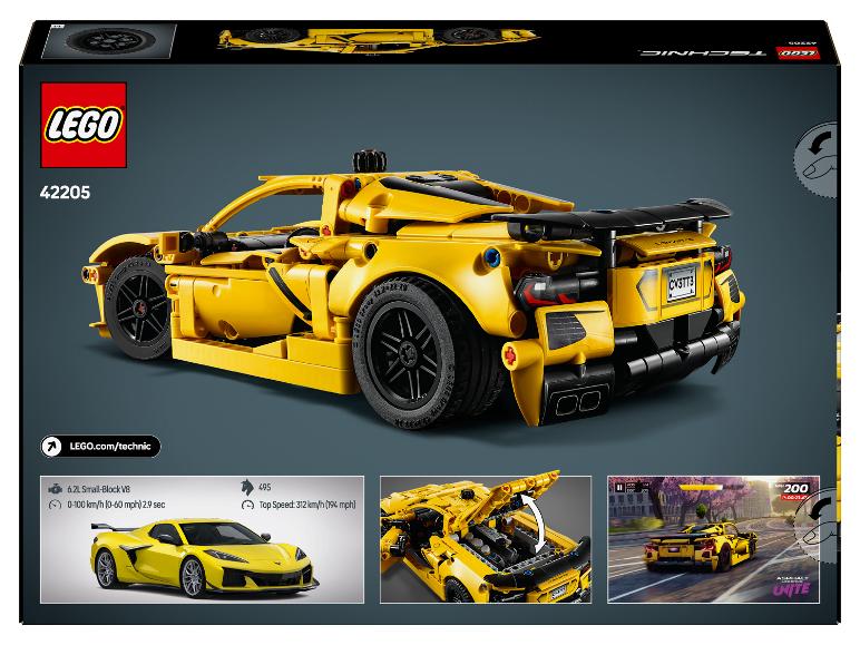 LEGO Technic 42205 Corvette Modellbox mit Autodetails und Spiel-Screenshot.