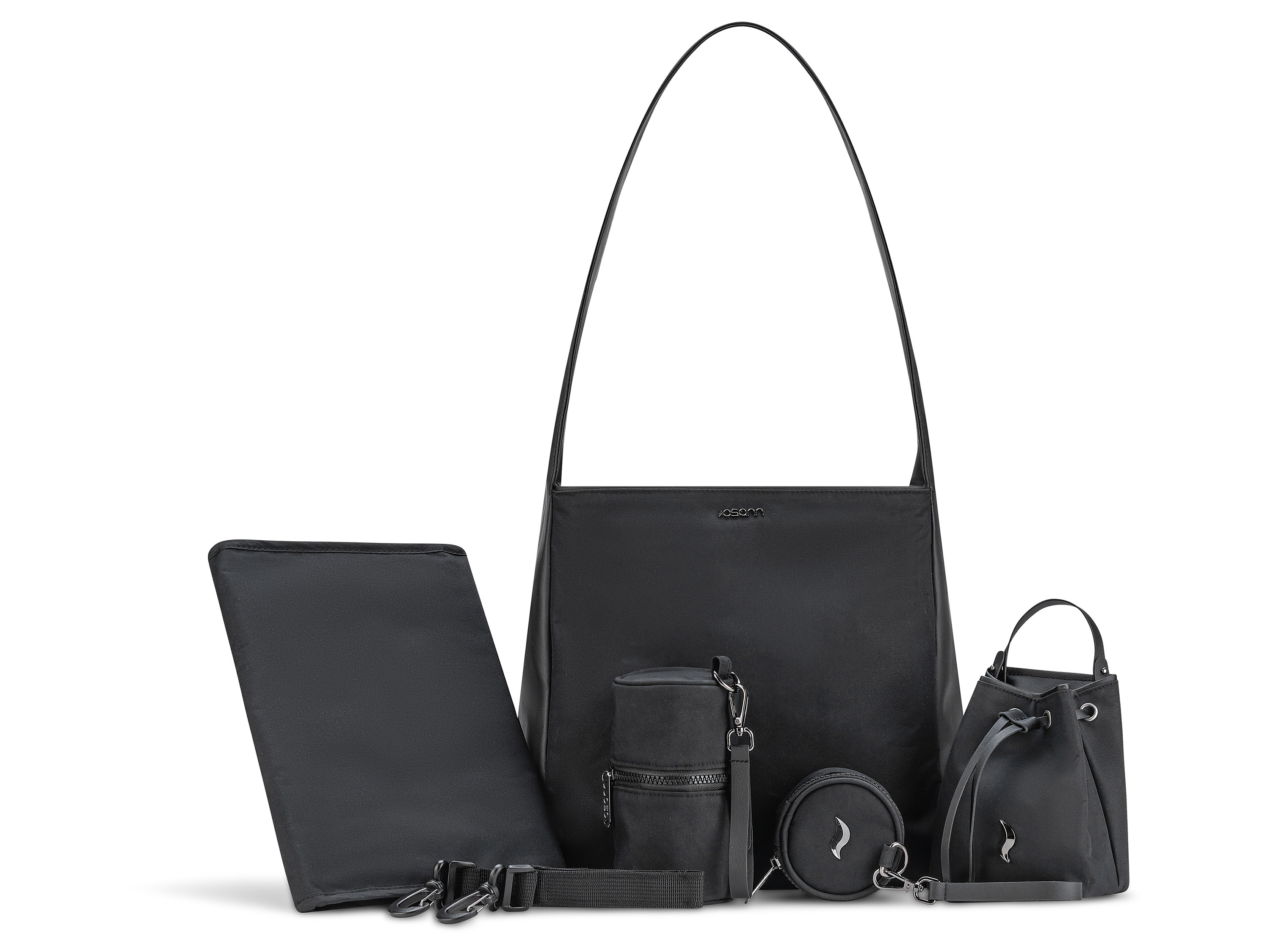 Osann Wickeltasche Ella (Black Oxford)““ | eines davon mit Reißverschluss Inklusive Haken für einfache Befestigung am Kinderwagen Inklusive Wickelunterlage mit Staufach für Windeln und Feuchttücher Inklusive 3 Accessoire-Taschen (können innen oder außen getragen werden): Auswaschbare Schnullertasche Isolierte Tasche für Fläschchen Mini-Tasche für Geldbeutel & Smartphone, Material 100 % Polyester Maße ca. B 27 x H 31 x T 12,5 cm Gewicht ca. 680 g““