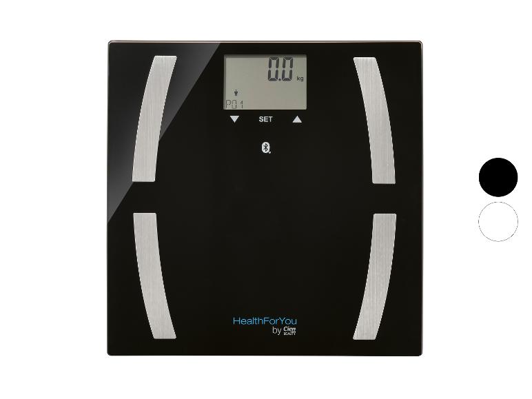 Schwarze smarte Personenwaage mit Digitalanzeige und silbernen Akzenten, Marke HealthForYou by Cien Beauty.