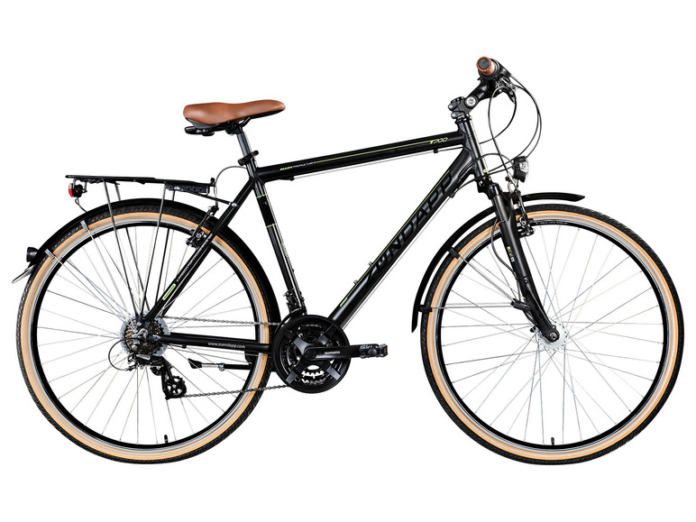 Ein schwarzes Zündapp-Fahrrad mit beigen Reifen und einem Gepäckträger.