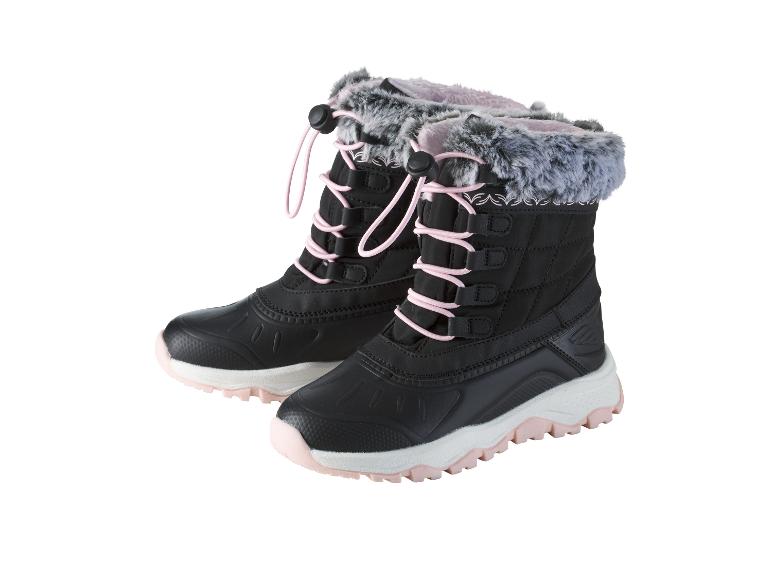 Schwarze Kinder-Winterstiefel mit rosa Schnürsenkeln und grauem Fell.