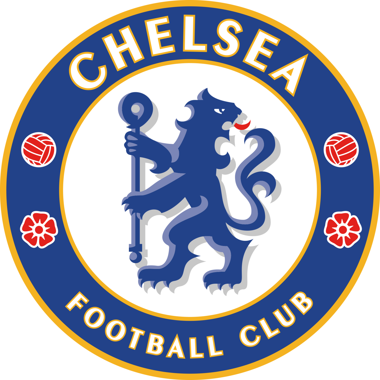 Rundes Emblem mit der Aufschrift „CHELSEA FOOTBALL CLUB“ und einem Löwen.