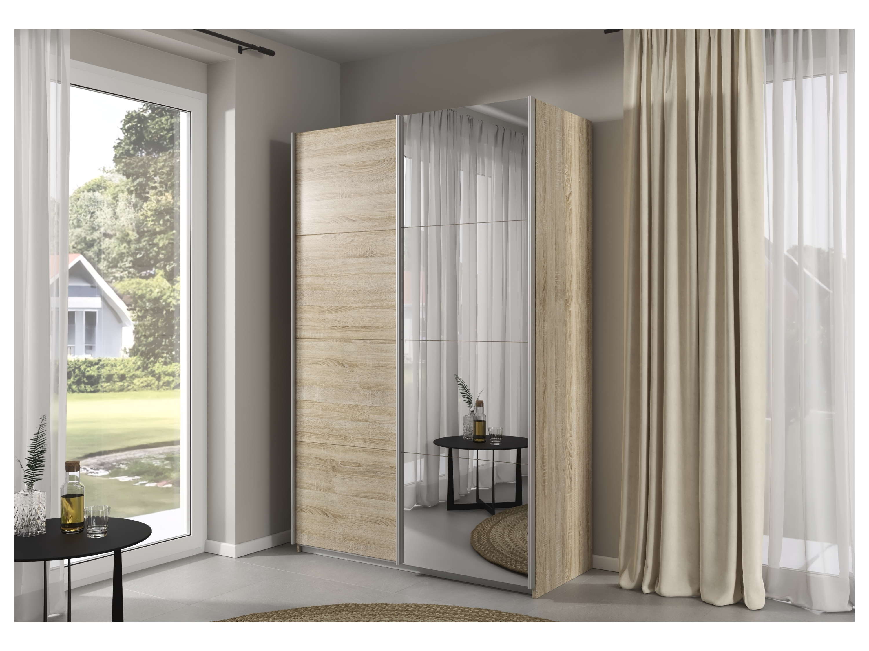 RAUCH ORANGE Quadra Schwebetürenschrank mit Spiegelelementen (Premium-Zubehör, Korpus: Eiche, 136 x 210 cm) – Bild 2 von 4